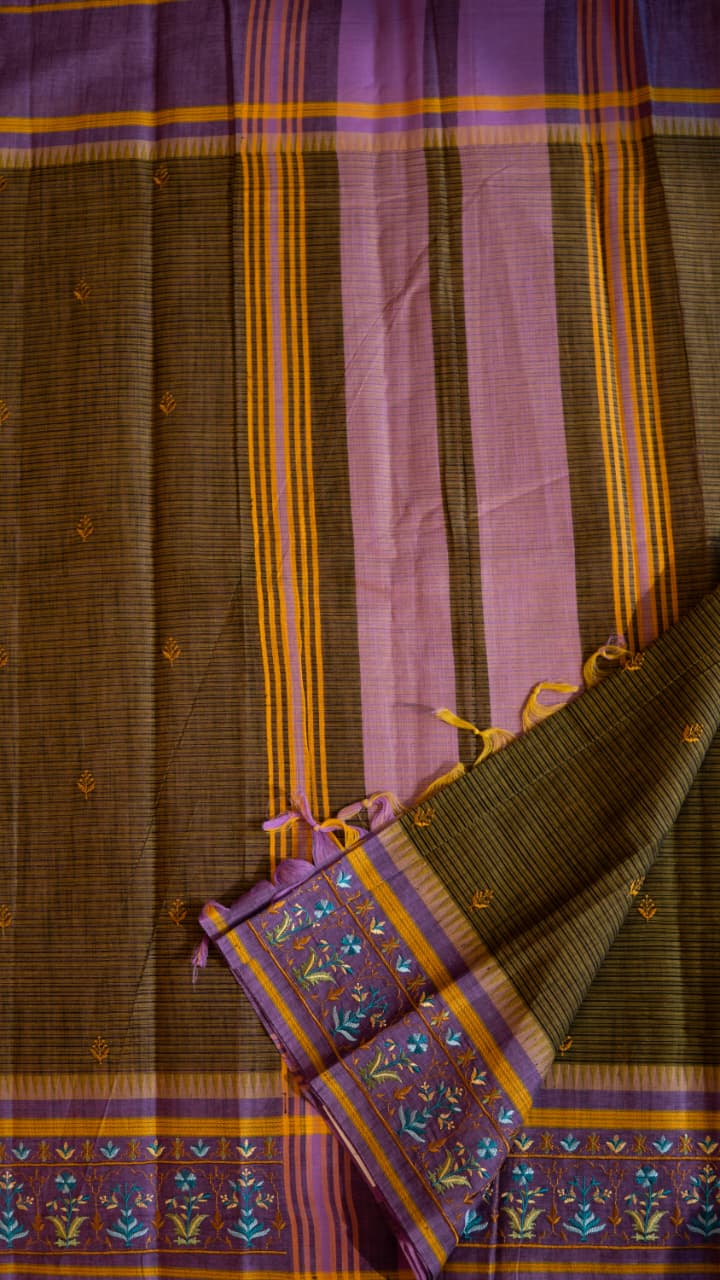 Mangalagiri Embroided Cotton Saree - 15-11B-03-08 (Olive Green)