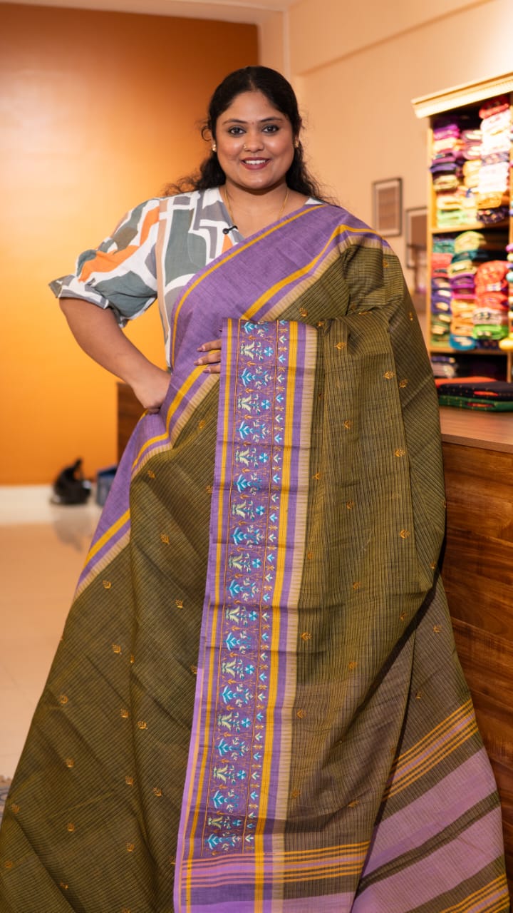 Mangalagiri Embroided Cotton Saree - 15-11B-03-08 (Olive Green)