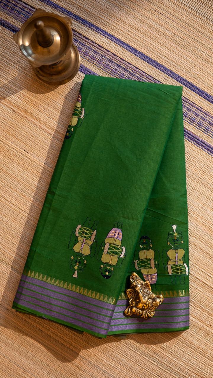 Mangalagiri Embroided Cotton Saree - 15-11B-03-01 (Leaf Green)