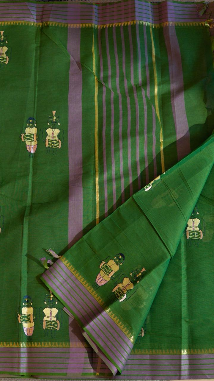 Mangalagiri Embroided Cotton Saree - 15-11B-03-01 (Leaf Green)