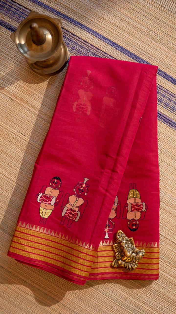 Mangalagiri Embroided Cotton Saree - 15-11B-03-10 (Red)
