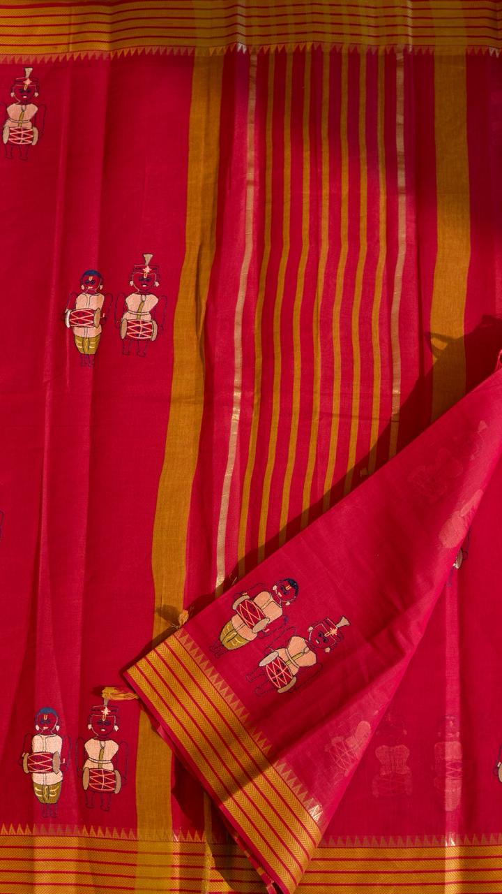 Mangalagiri Embroided Cotton Saree - 15-11B-03-10 (Red)