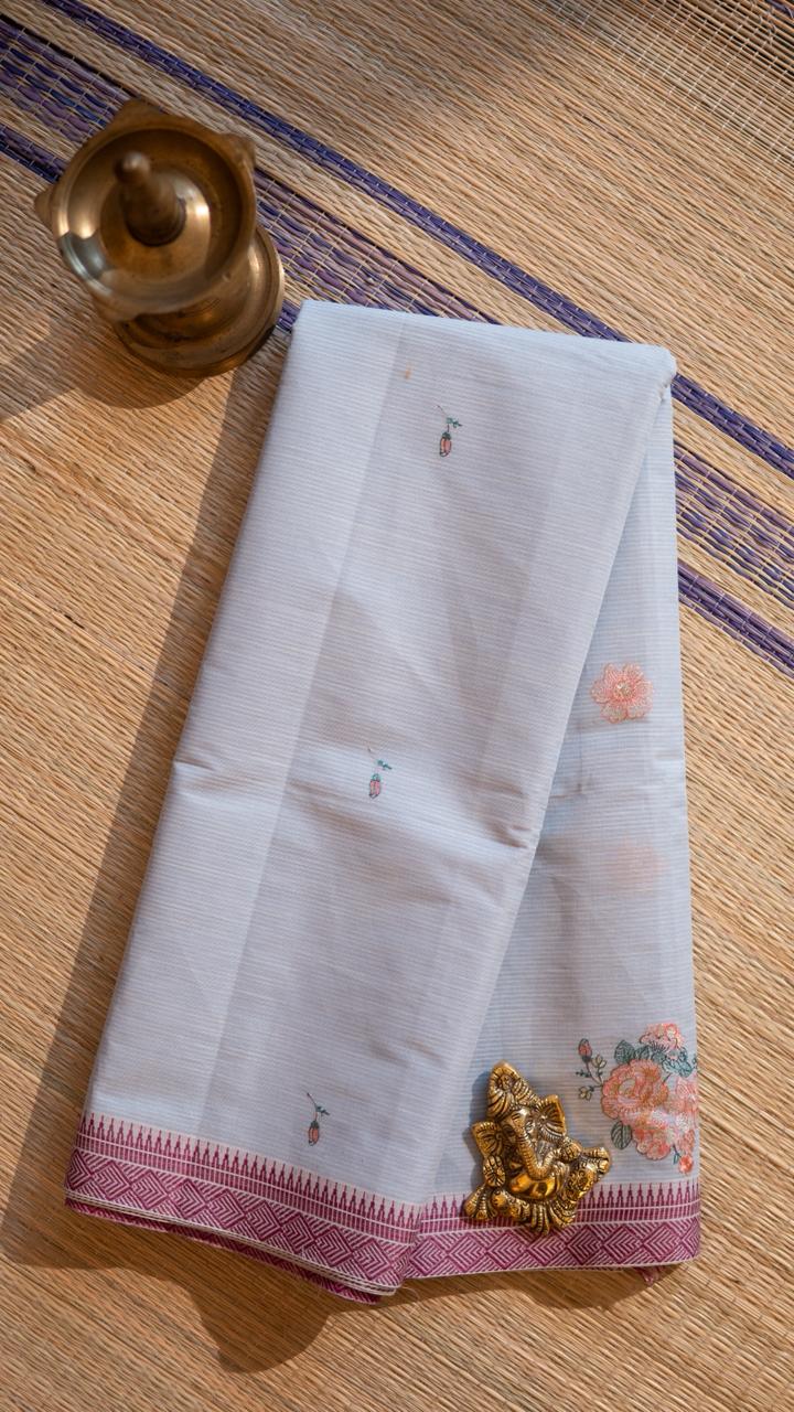 Mangalagiri Embroided Cotton Saree - 15-11B-03-09 (Blue with Pink)