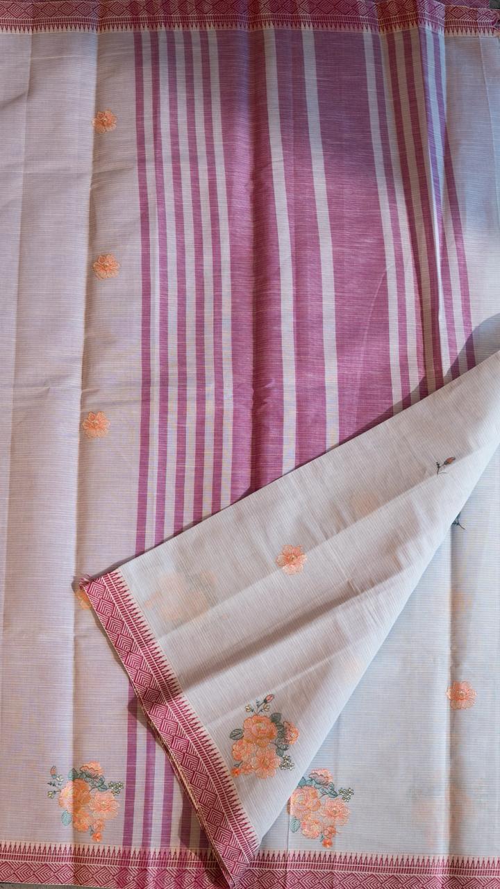 Mangalagiri Embroided Cotton Saree - 15-11B-03-09 (Blue with Pink)