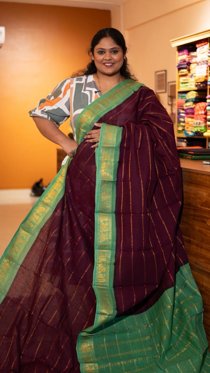 Madurai cotton veldhari saree - 11-12-01-6Y-06 (Dark Maroon with Green)