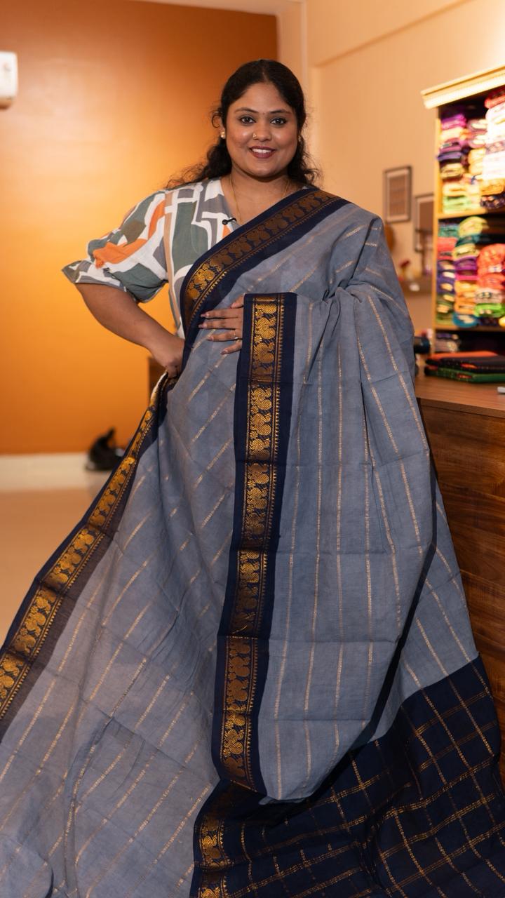Madurai cotton veldhari saree - 11-12-01-6Y-03 (Elephant Grey with Navy Blue)