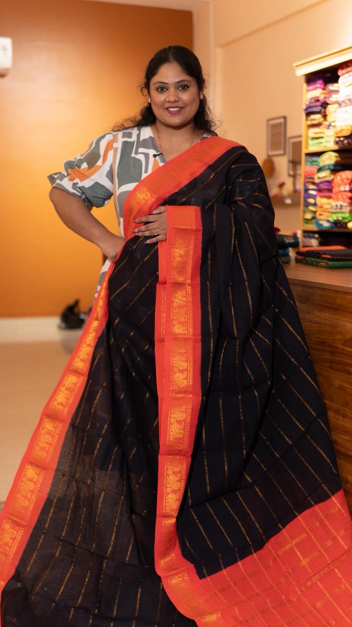 Madurai cotton veldhari saree - 11-12-01-6Y-11 (Black with Orange)