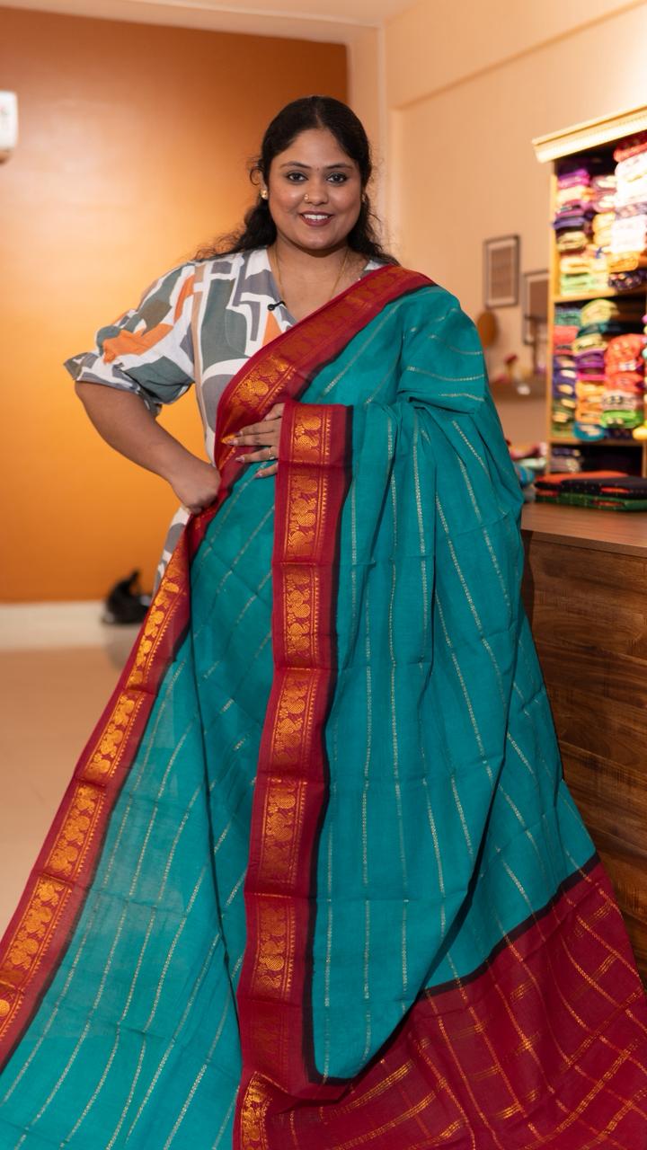 Madurai cotton veldhari saree - 11-12-01-6Y-05 (Teal Blue with Red)