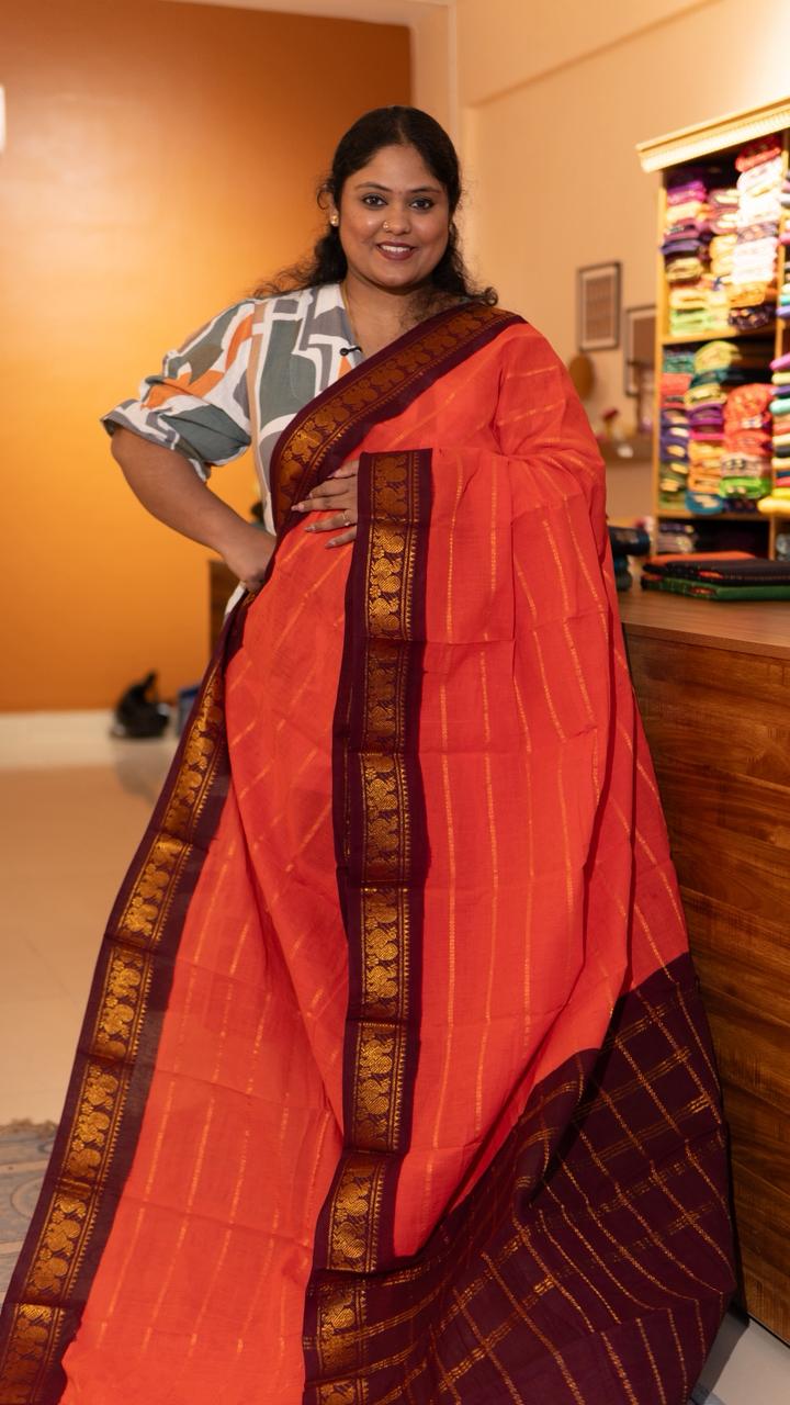 Madurai cotton veldhari saree - 11-12-01-6Y-08 (Orange with Maroon)