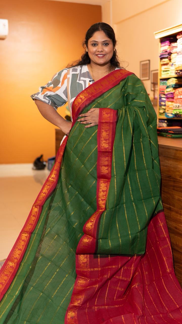 Madurai cotton veldhari saree - 11-12-01-6Y-01 (Leaf Green with Red)