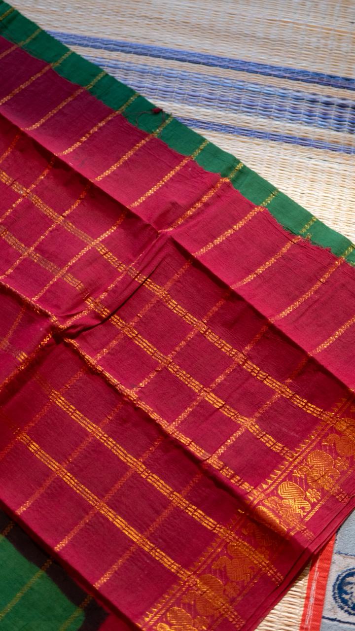 Madurai cotton veldhari saree - 11-12-01-6Y-01 (Leaf Green with Red)