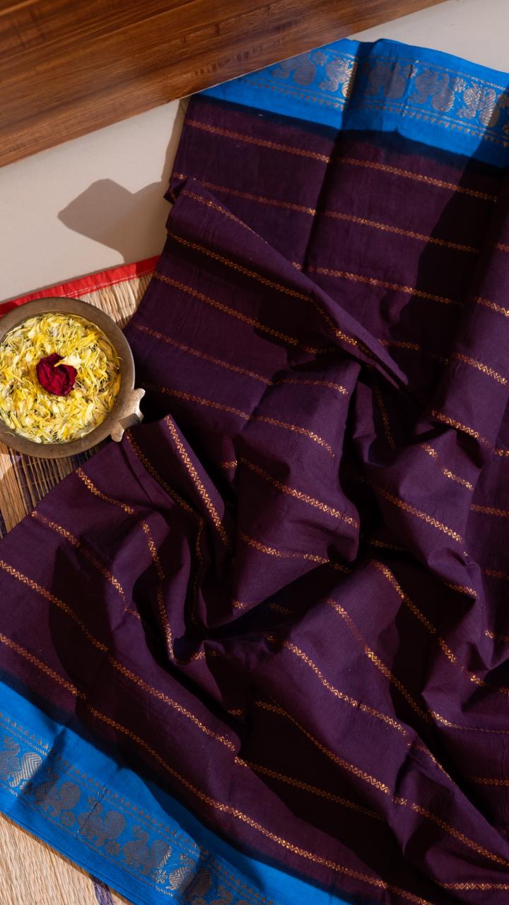 Madurai cotton veldhari saree - 11-12-01-6Y-09 (Maroon with Blue)