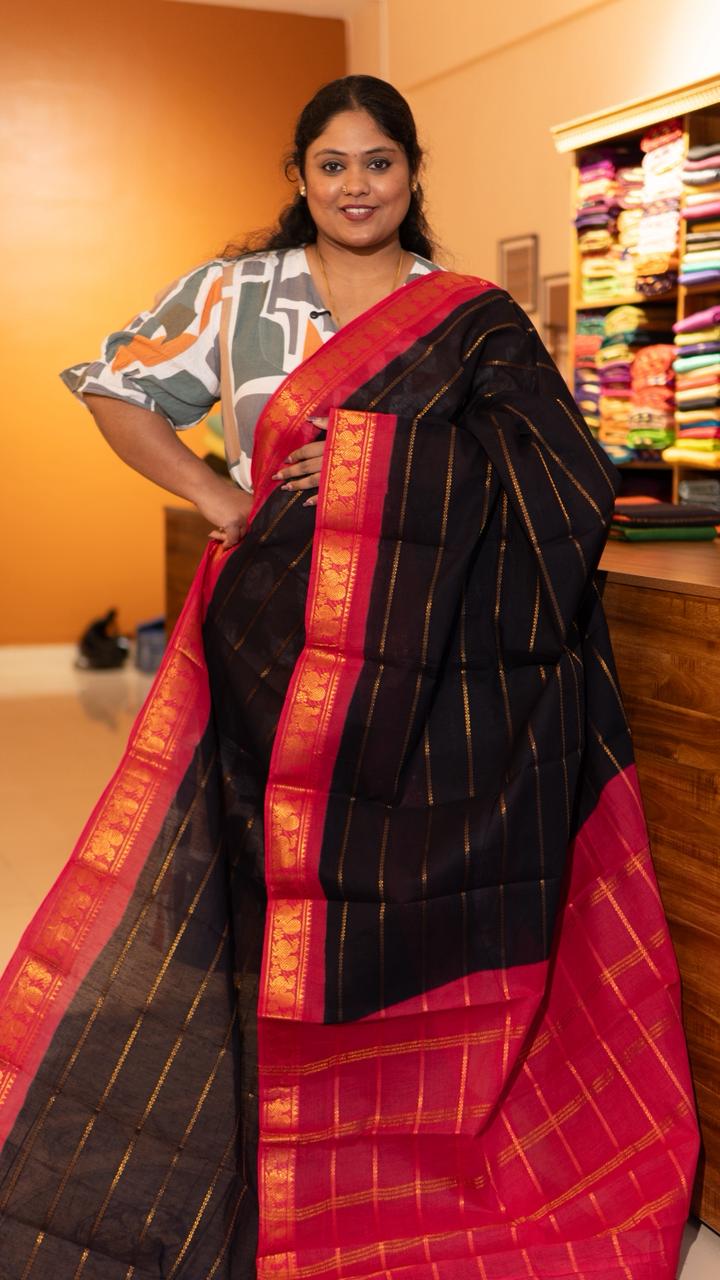 Madurai cotton veldhari saree - 11-12-01-6Y-04 (Navy Blue with Pink)