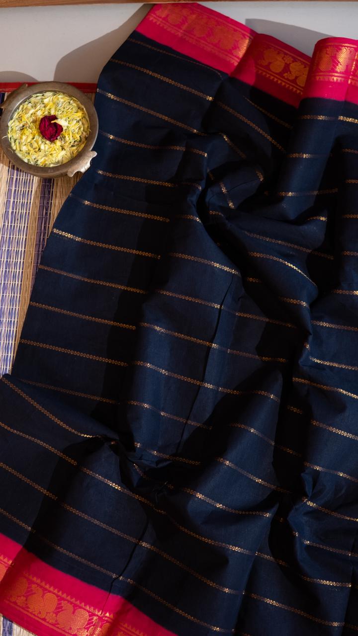 Madurai cotton veldhari saree - 11-12-01-6Y-04 (Navy Blue with Pink)