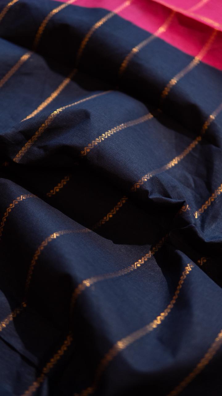 Madurai cotton veldhari saree - 11-12-01-6Y-04 (Navy Blue with Pink)