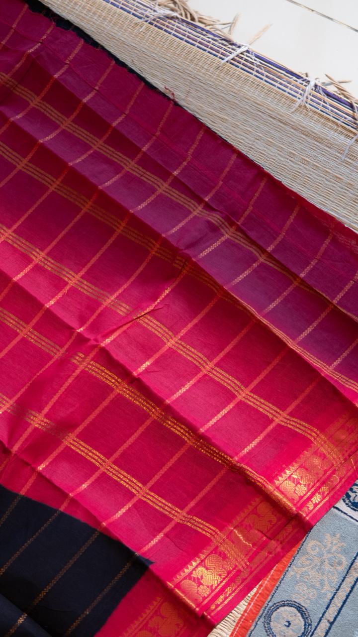 Madurai cotton veldhari saree - 11-12-01-6Y-04 (Navy Blue with Pink)