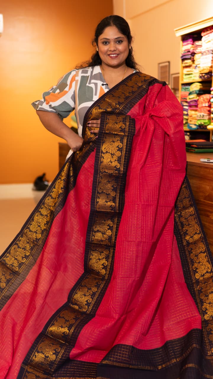 Madurai Cotton Saree -11-12-02-6Y-04 ( Pink with Navy Blue)