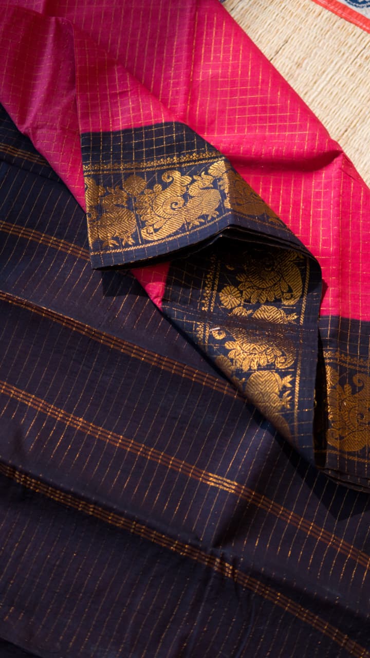 Madurai Cotton Saree -11-12-02-6Y-04 ( Pink with Navy Blue)