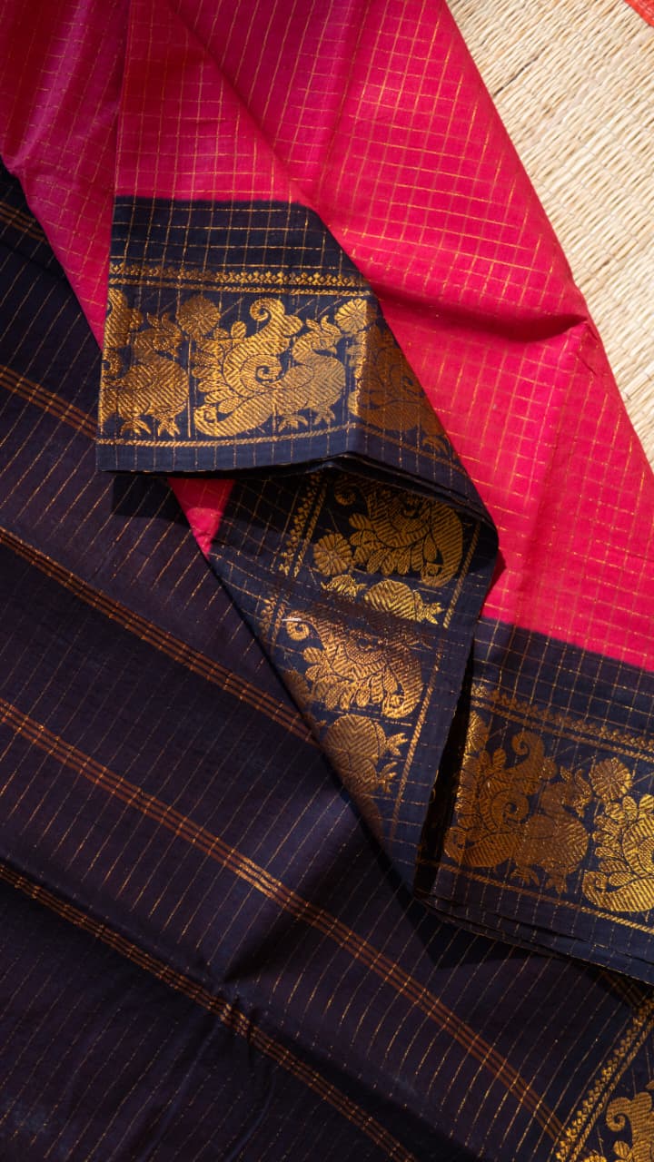 Madurai Cotton Saree -11-12-02-6Y-04 ( Pink with Navy Blue)