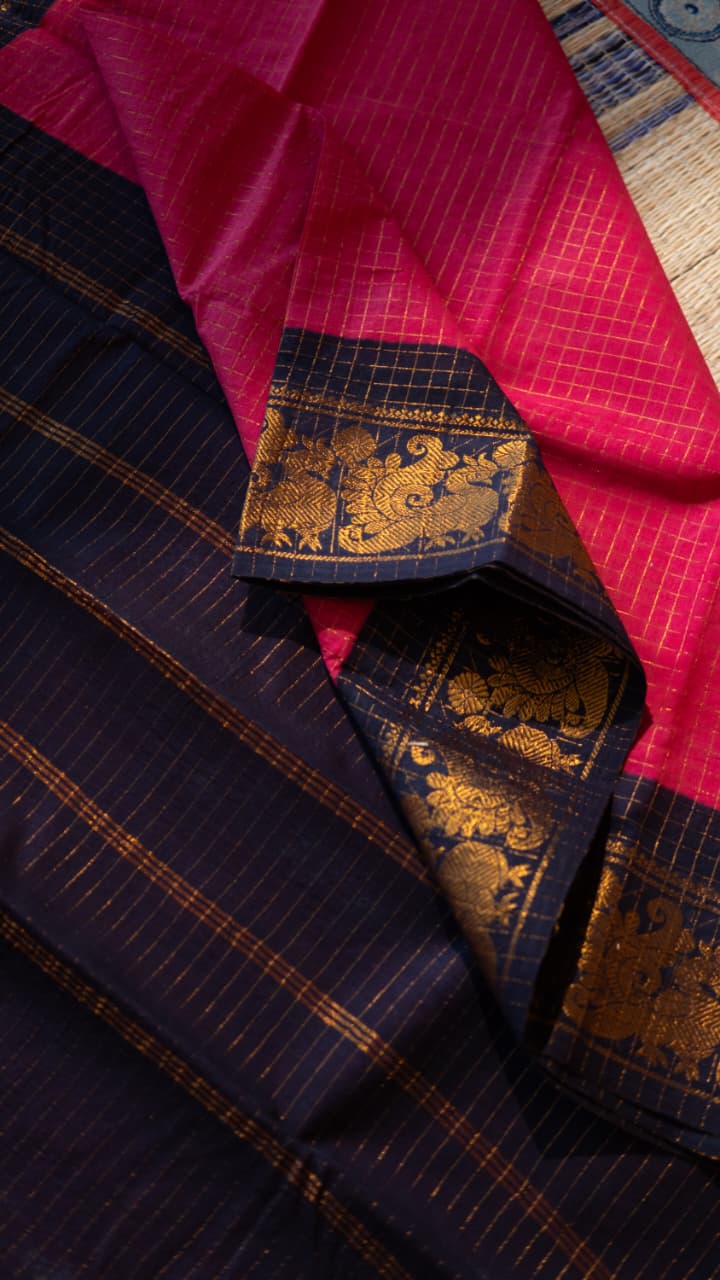 Madurai Cotton Saree -11-12-02-6Y-04 ( Pink with Navy Blue)