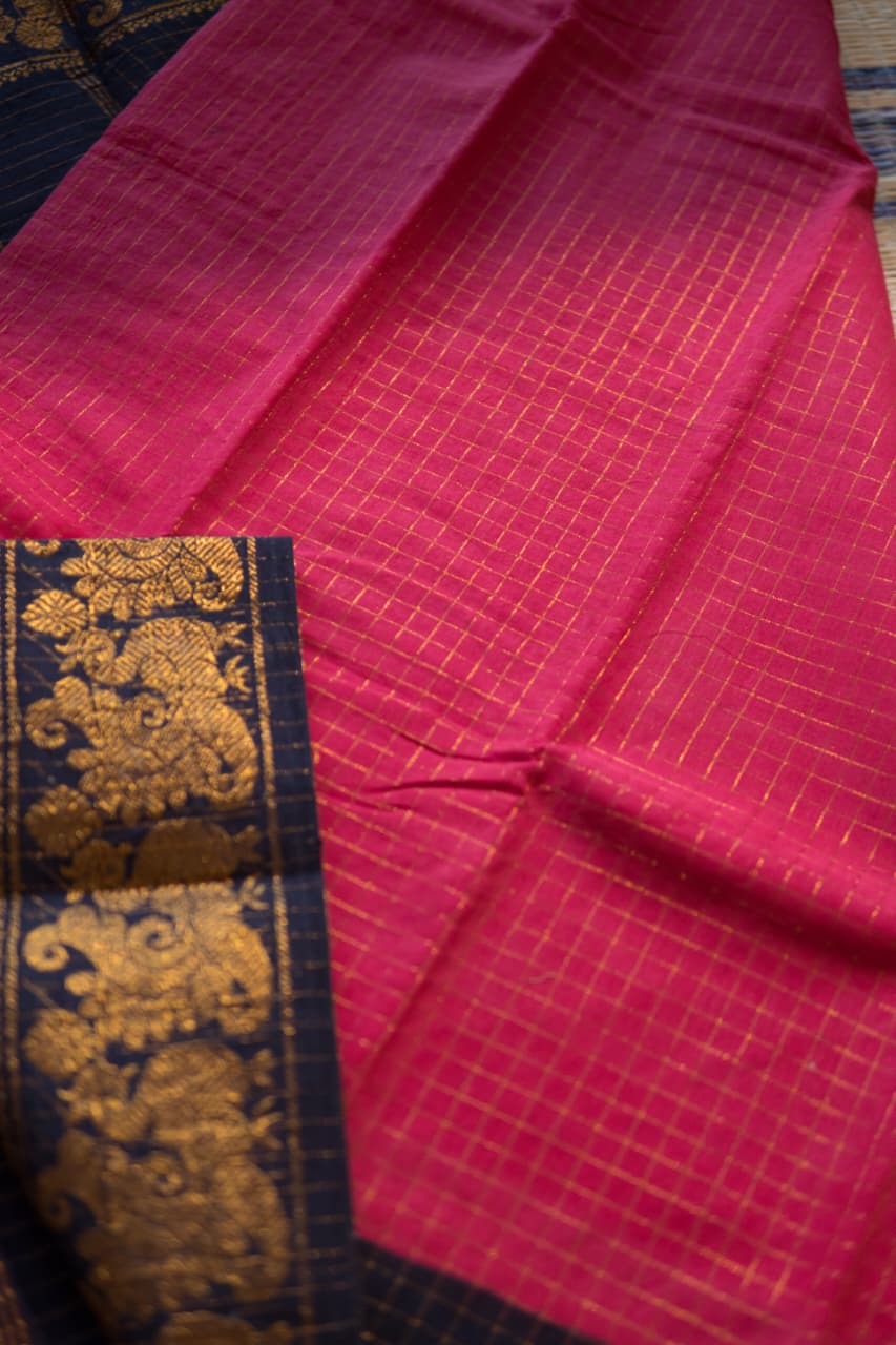 Madurai Cotton Saree -11-12-02-6Y-04 ( Pink with Navy Blue)