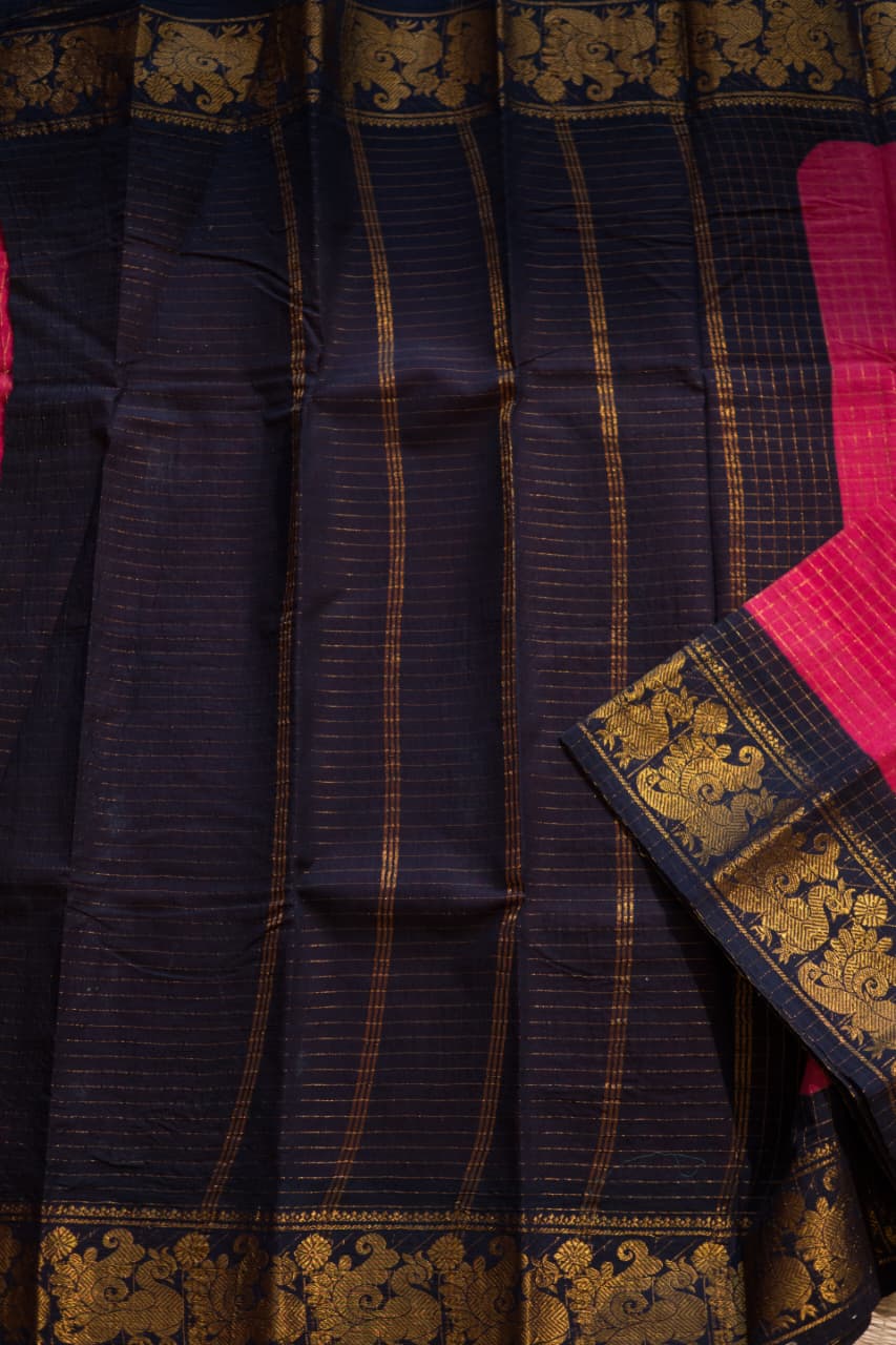 Madurai Cotton Saree -11-12-02-6Y-04 ( Pink with Navy Blue)