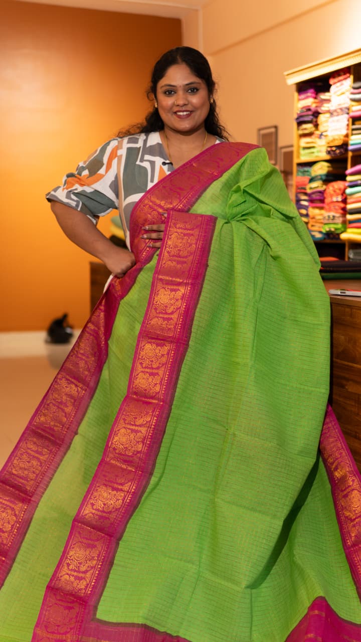 Madurai Cotton Saree -11-12-02-6Y-01 (Parrot Green with Pink)
