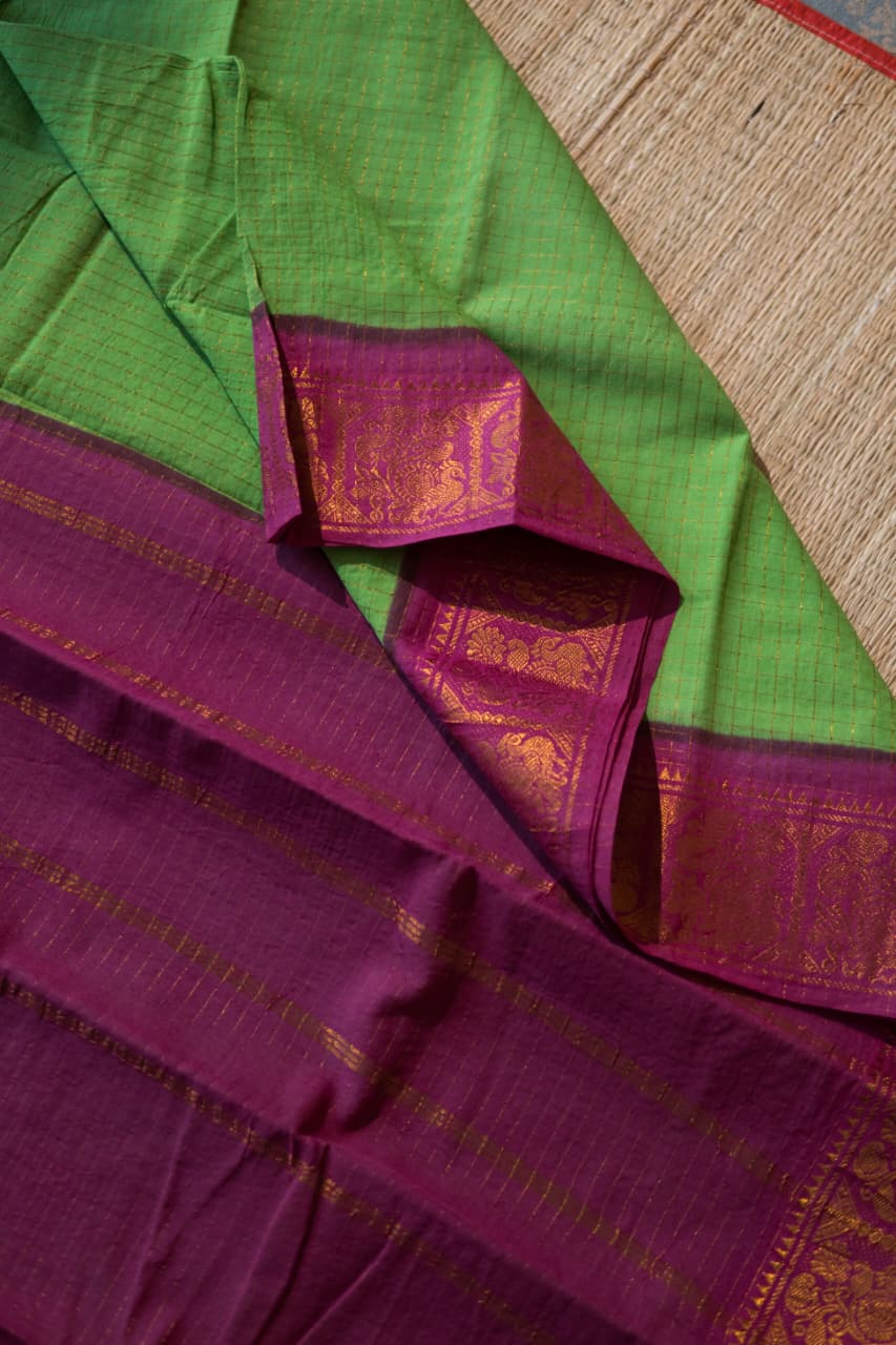 Madurai Cotton Saree -11-12-02-6Y-01 (Parrot Green with Pink)
