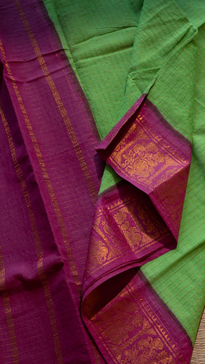 Madurai Cotton Saree -11-12-02-6Y-01 (Parrot Green with Pink)