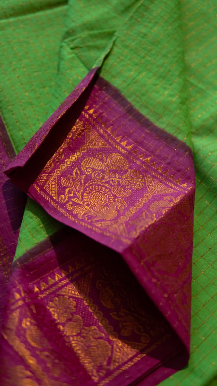Madurai Cotton Saree -11-12-02-6Y-01 (Parrot Green with Pink)