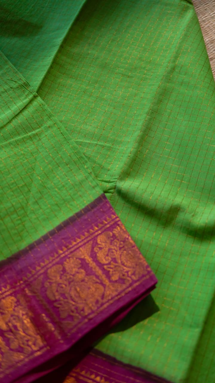 Madurai Cotton Saree -11-12-02-6Y-01 (Parrot Green with Pink)