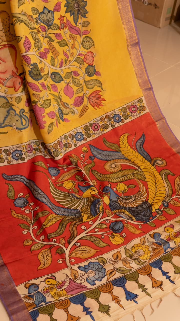 Pen Kalamkari Saree - 02-12-01-03 (Yellow)