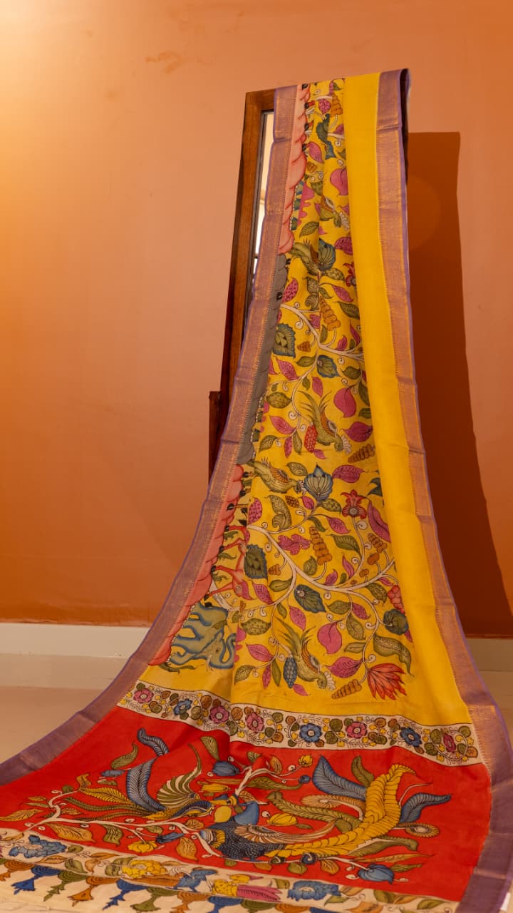 Pen Kalamkari Saree - 02-12-01-03 (Yellow)
