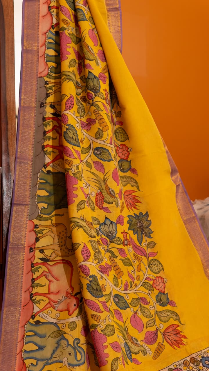 Pen Kalamkari Saree - 02-12-01-03 (Yellow)