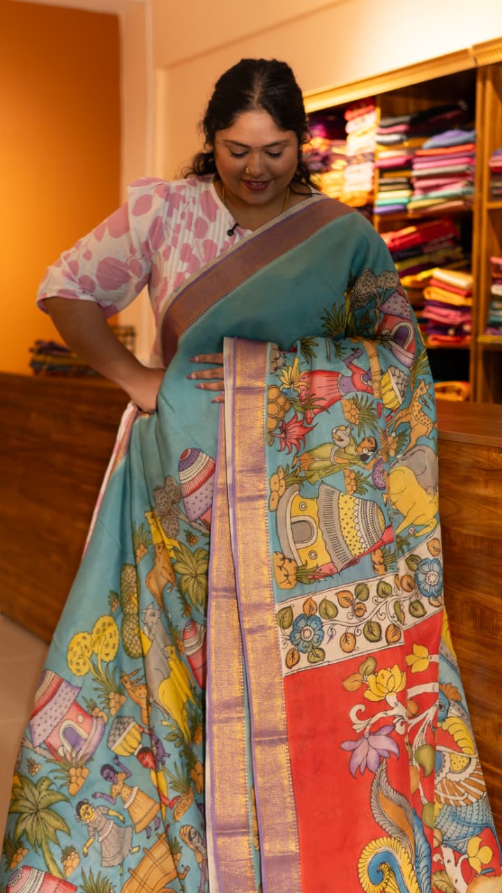 Pen Kalamkari Saree - 02-12-01-04 (Sea Blue)