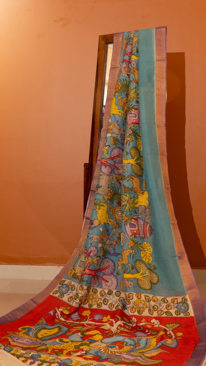 Pen Kalamkari Saree - 02-12-01-04 (Sea Blue)