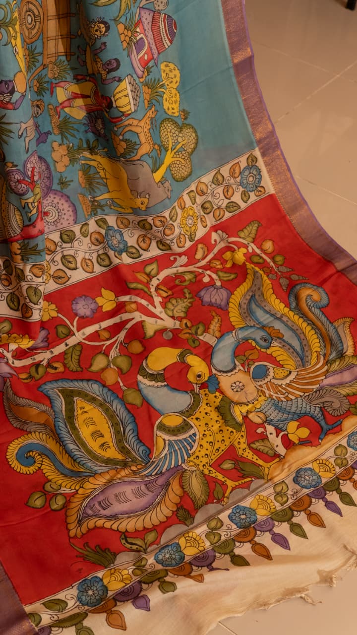 Pen Kalamkari Saree - 02-12-01-04 (Sea Blue)