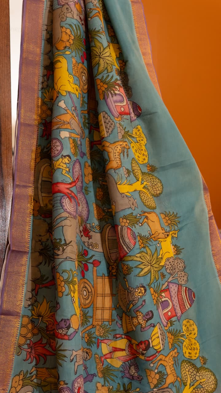 Pen Kalamkari Saree - 02-12-01-04 (Sea Blue)