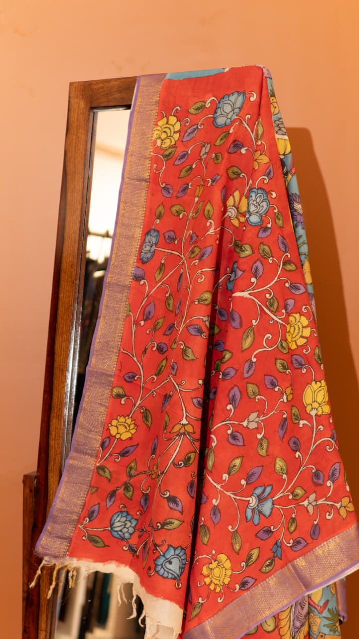 Pen Kalamkari Saree - 02-12-01-04 (Sea Blue)