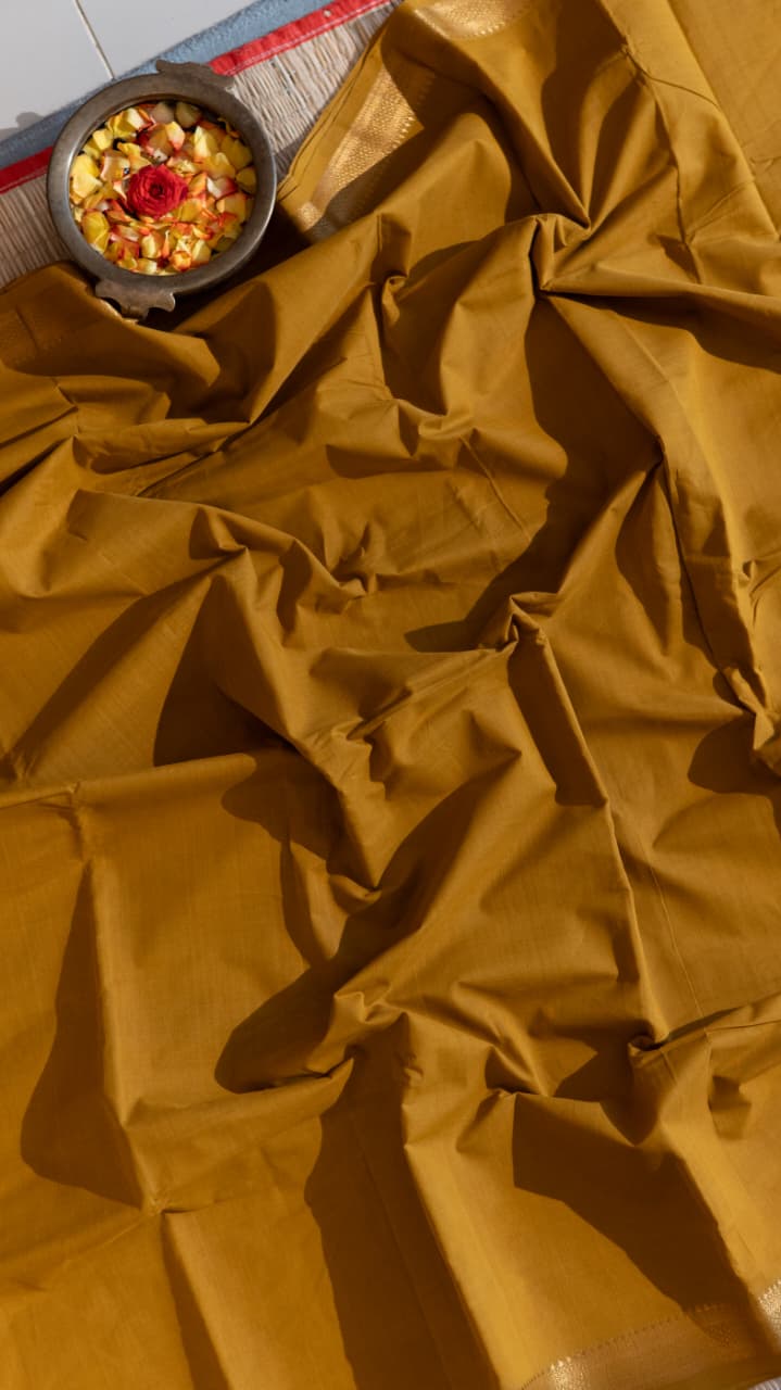 Mangalgiri Cotton Saree with Kalamkari Blouse - 15-11-05-06 (Musturd)