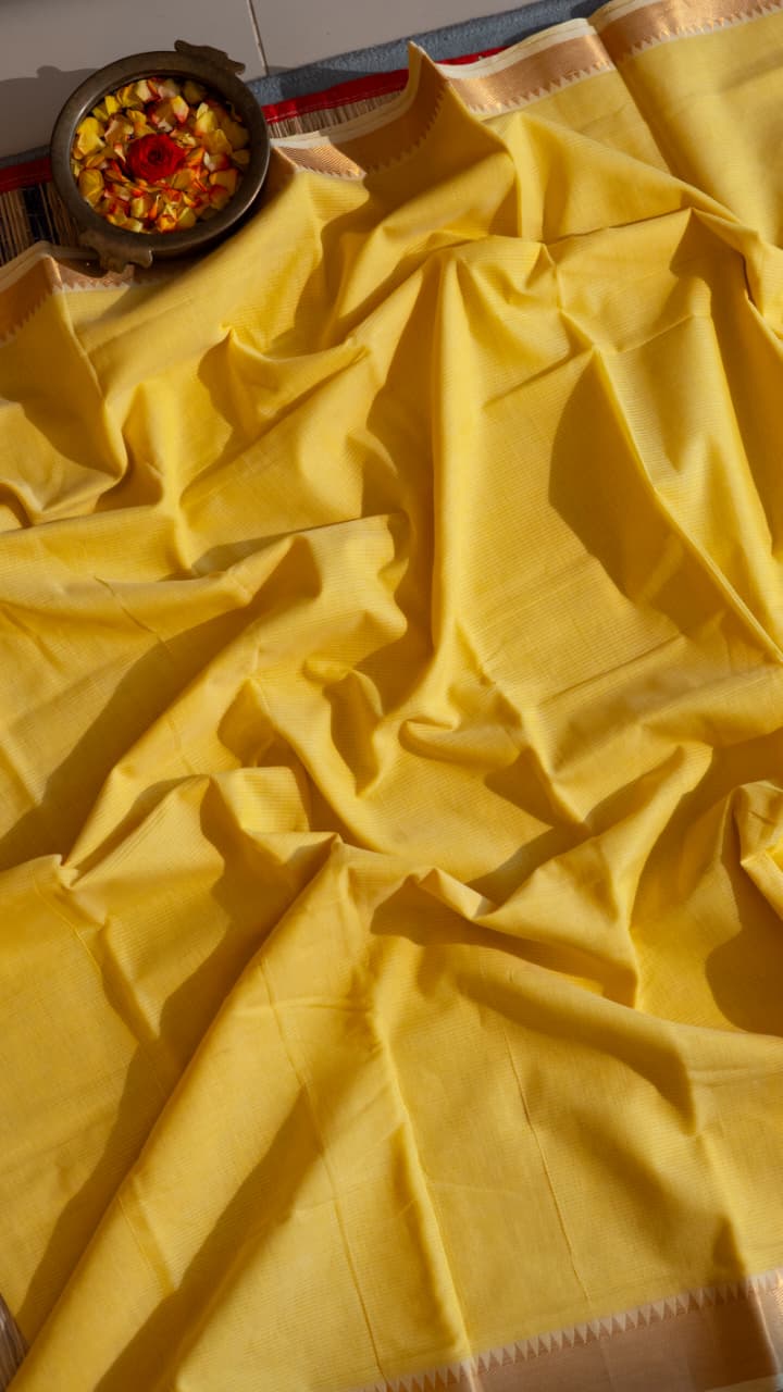 Mangalgiri Cotton Saree with Kalamkari Blouse - 15-11-06-01 (Lime Yellow)