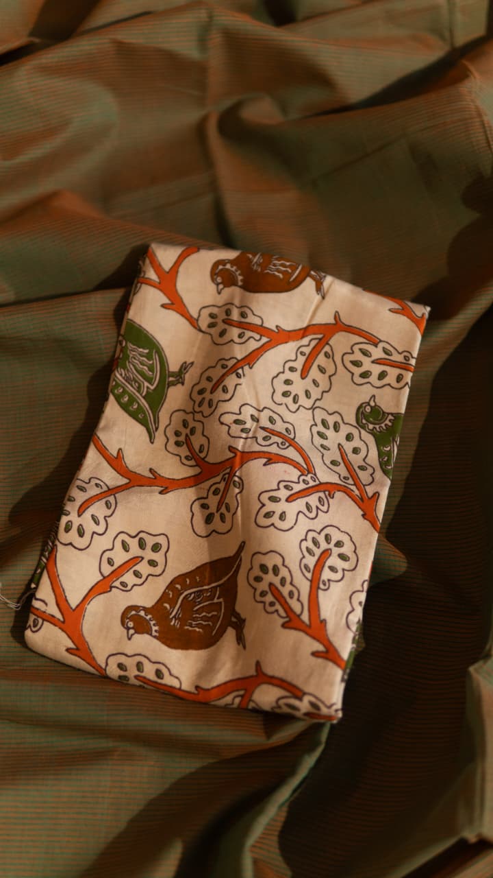 Mangalgiri Cotton Saree with Kalamkari Blouse - 15-11-05-07 (Dual shade Green)