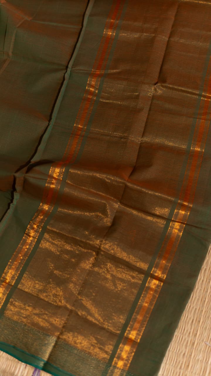 Mangalagiri Pure Cotton Saree with Kalamkari Blouse - 15-11-05-07 (Dual shade Green)