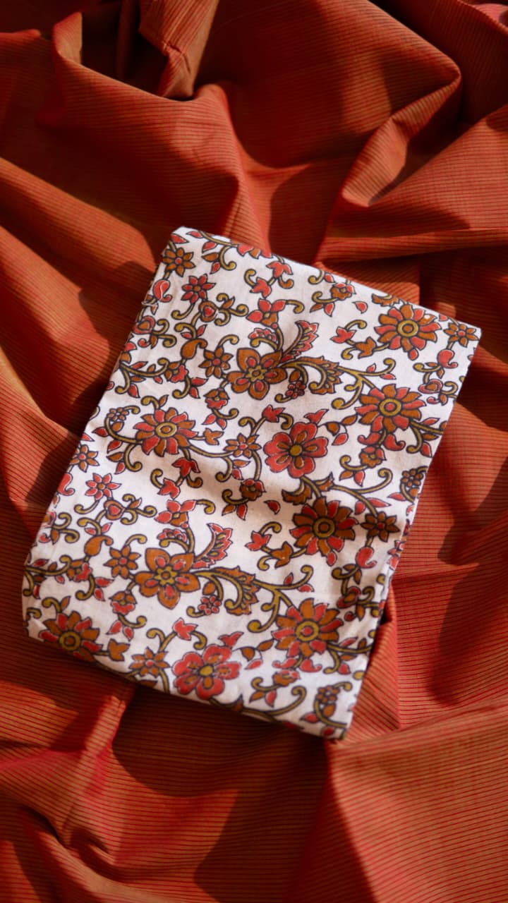 Mangalagiri Pure Cotton Saree with Kalamkari Blouse - 15-11-05-03 (Rusty Orange 1.5 Inch Border)
