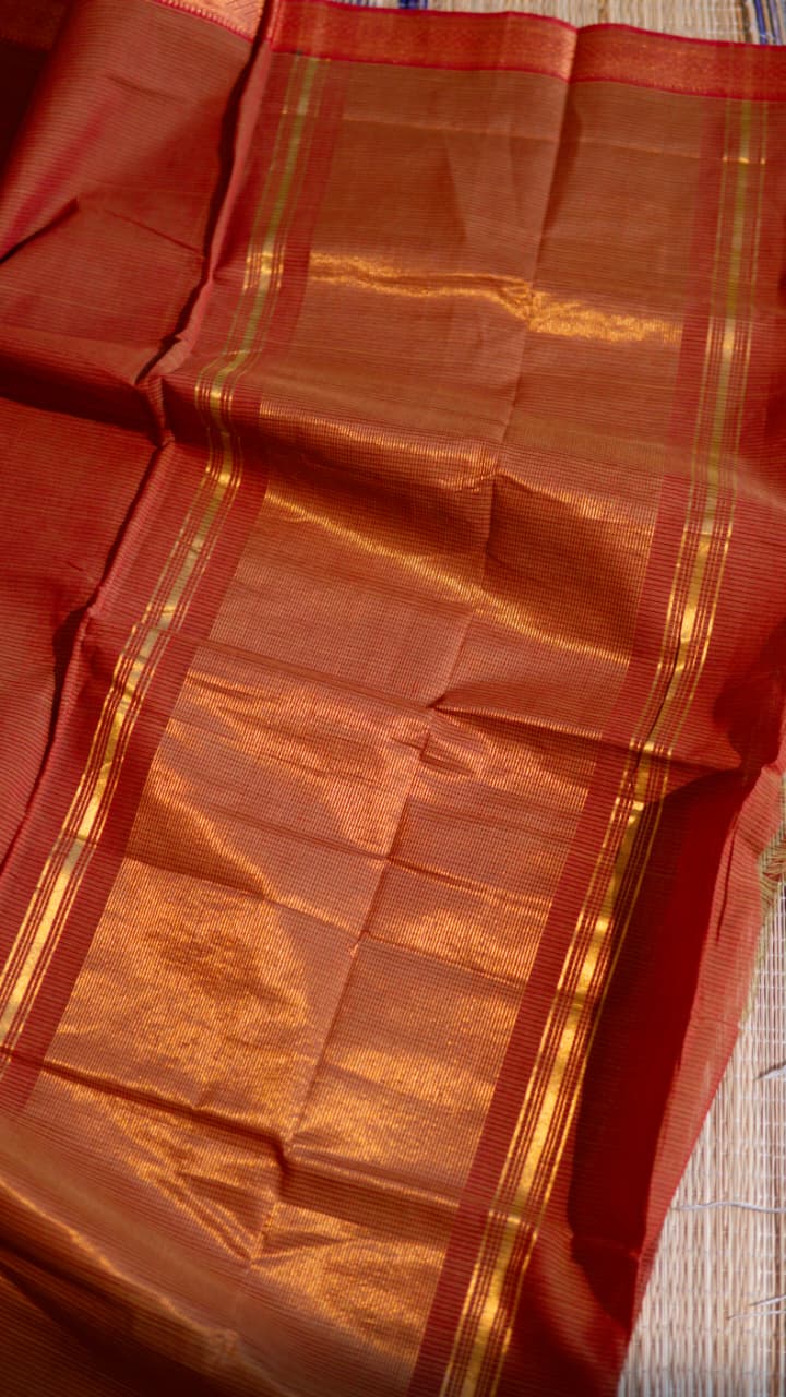 Mangalagiri Pure Cotton Saree with Kalamkari Blouse - 15-11-05-03 (Rusty Orange 1.5 Inch Border)