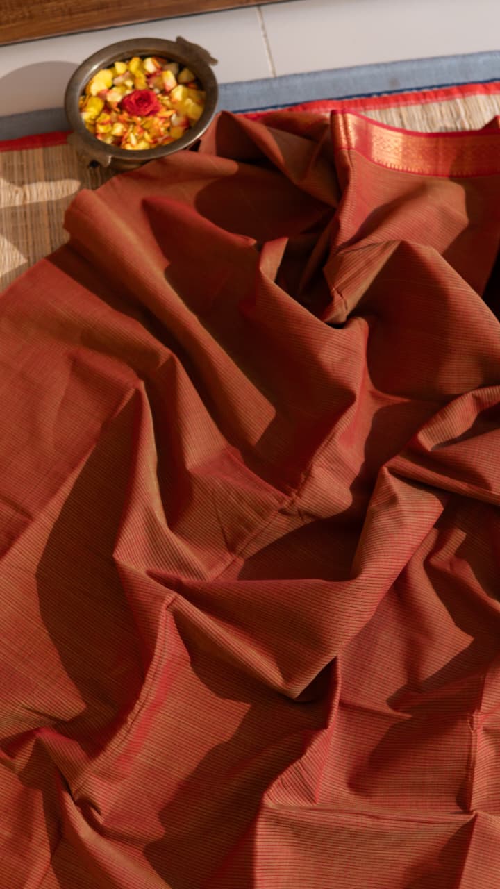 Mangalagiri Pure Cotton Saree with Kalamkari Blouse - 15-11-05-03 (Rusty Orange 1.5 Inch Border)