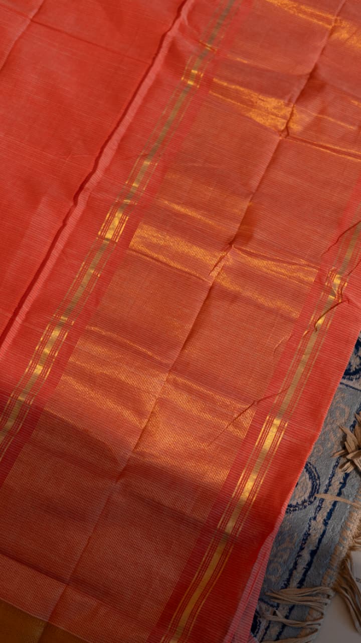 Mangalagiri Pure Cotton Saree with Kalamkari Blouse - 15-11-05-02 (Peach 1.5 Inch Border)