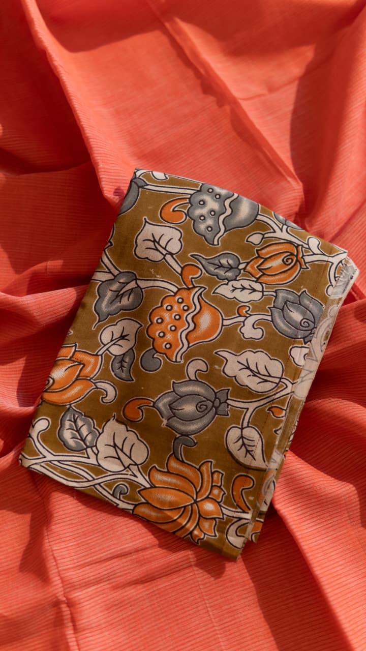 Mangalagiri Pure Cotton Saree with Kalamkari Blouse - 15-11-05-02 (Peach 1.5 Inch Border)