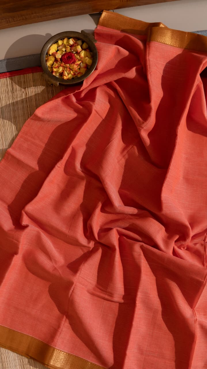 Mangalagiri Pure Cotton Saree with Kalamkari Blouse - 15-11-05-02 (Peach 1.5 Inch Border)