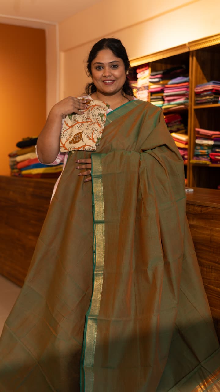 Mangalgiri Cotton Saree with Kalamkari Blouse - 15-11-05-07 (Dual shade Green)